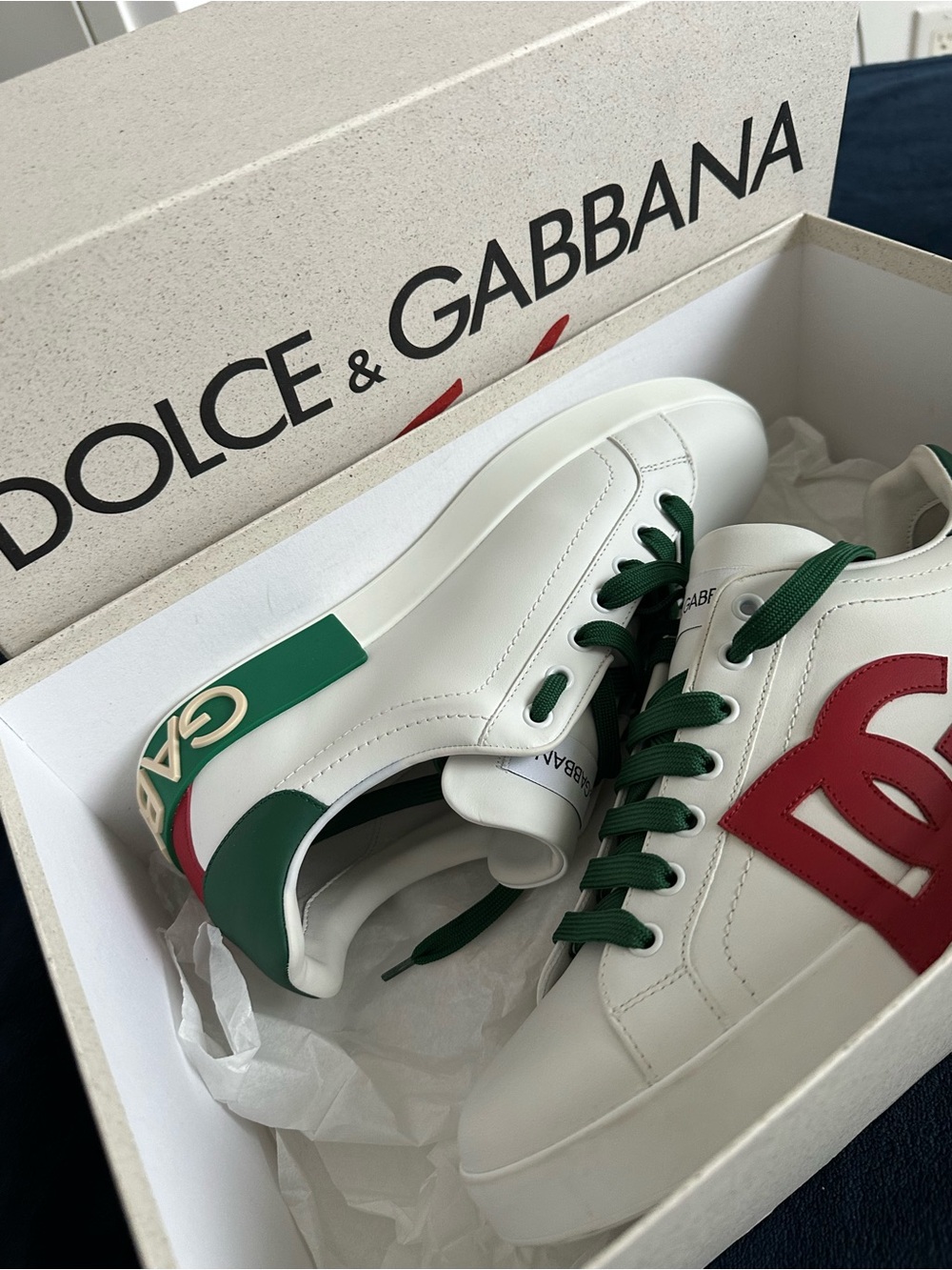 Dolce & Gabbana White Leather Sneakers with Red Logo and Green Details